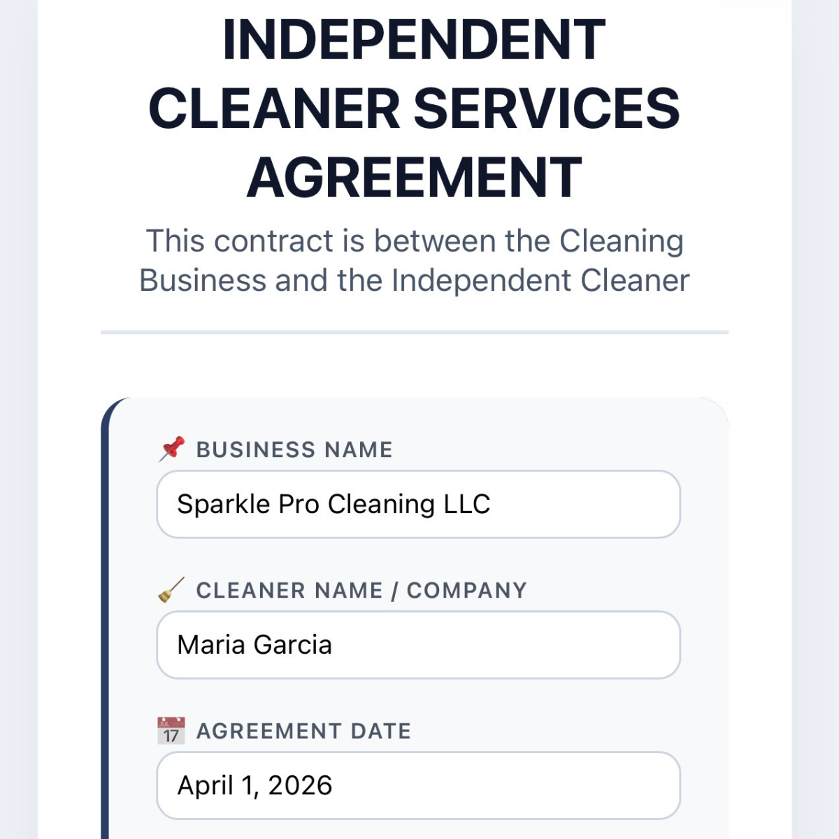 Customisable Independent Cleaner Contracts